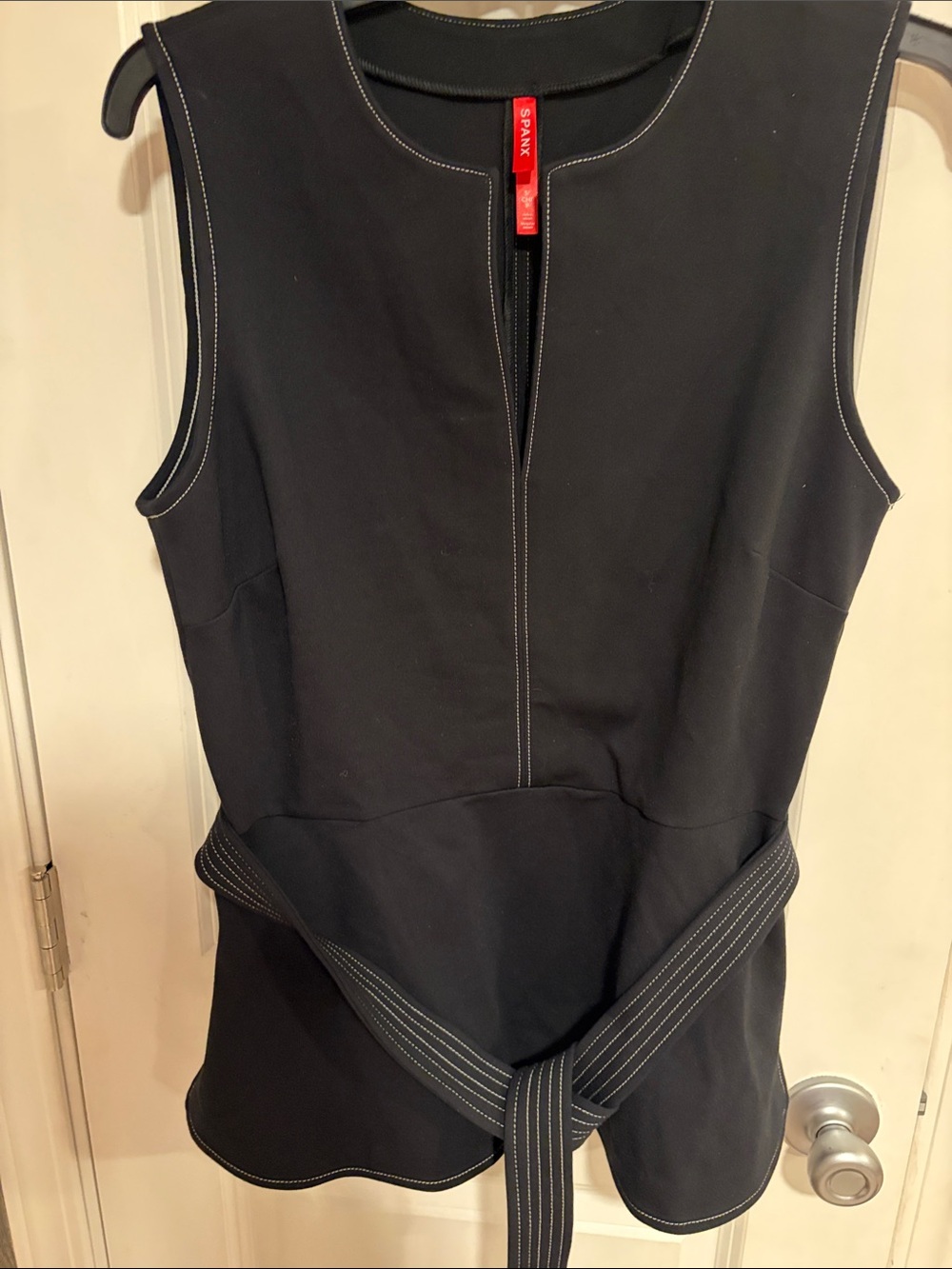 SPANX Black Sleeveless Peplum Top with Contrast Stitching and Belt